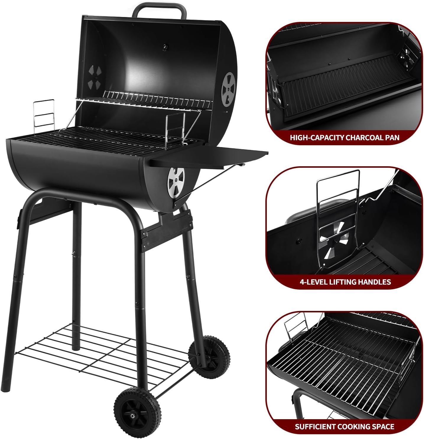 Detalle de Holzkohlegrill-Kesselwagen mit Deckel – großer Fass-Grill, Thermometer, Grillrost & Warmhaltegitter