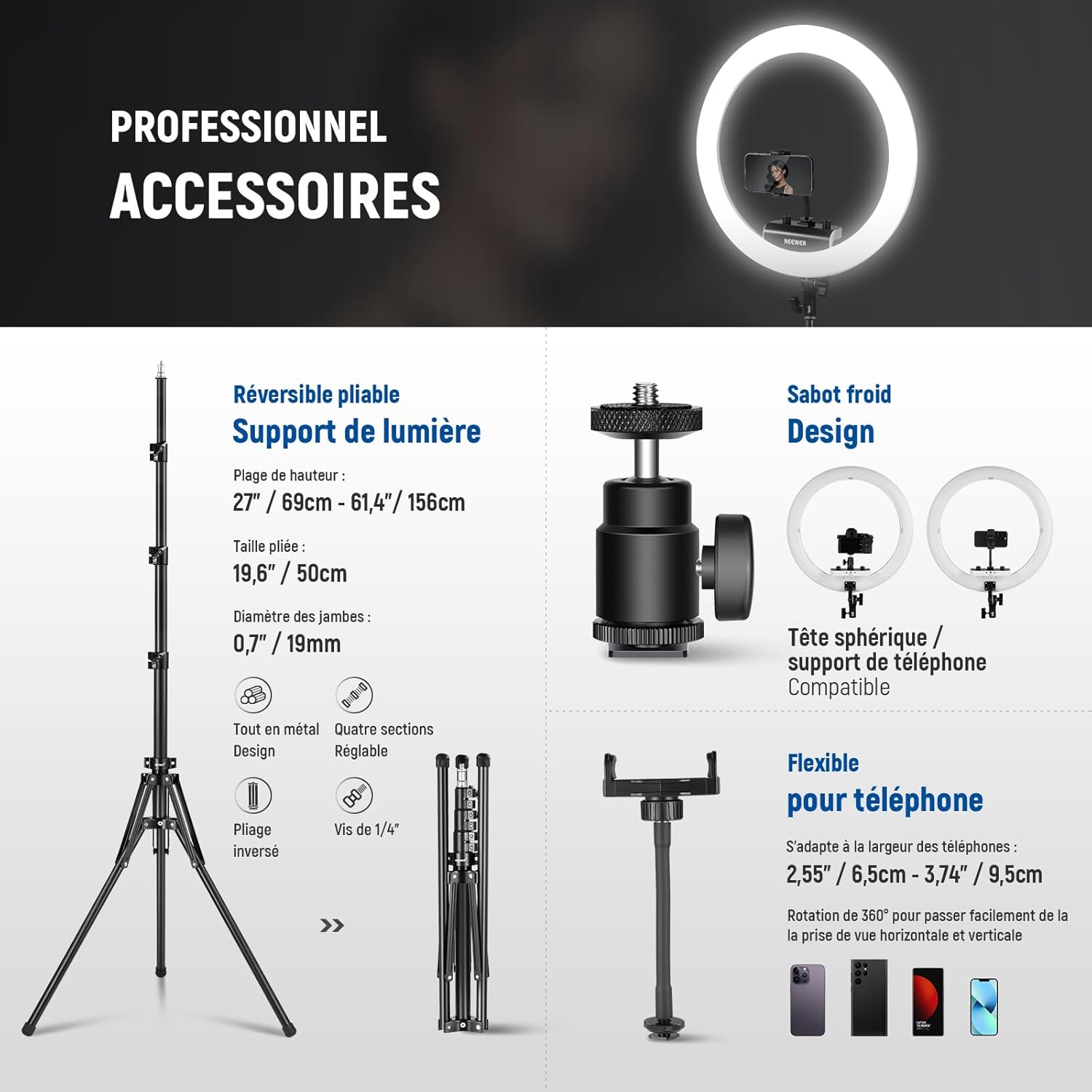 Thumbnail 6 de NEEWER RP18B Pro – Light Anneau 18" ultra fine avec trépied, contrôle Bluetooth via APP et obturateur à distance