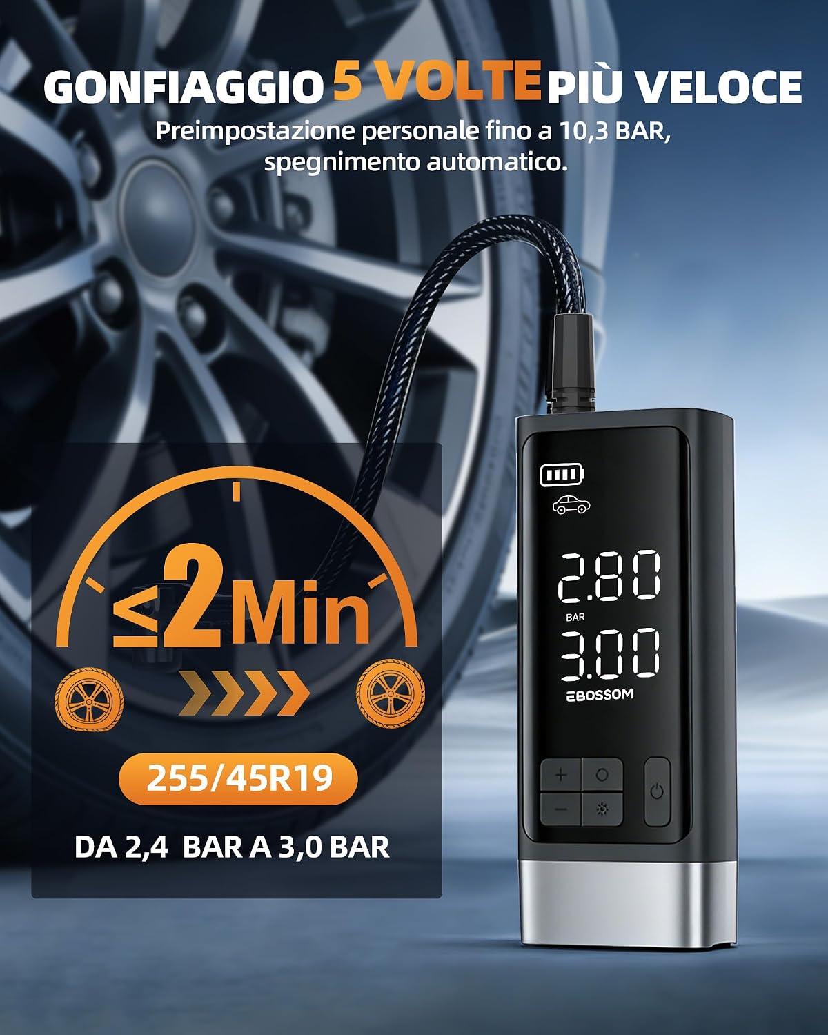 Detalle de Compressore Aria Portatile Auto 10,3 Bar – Kit Emergenza Multifunzione con LED e Batteria 2500 mAh
