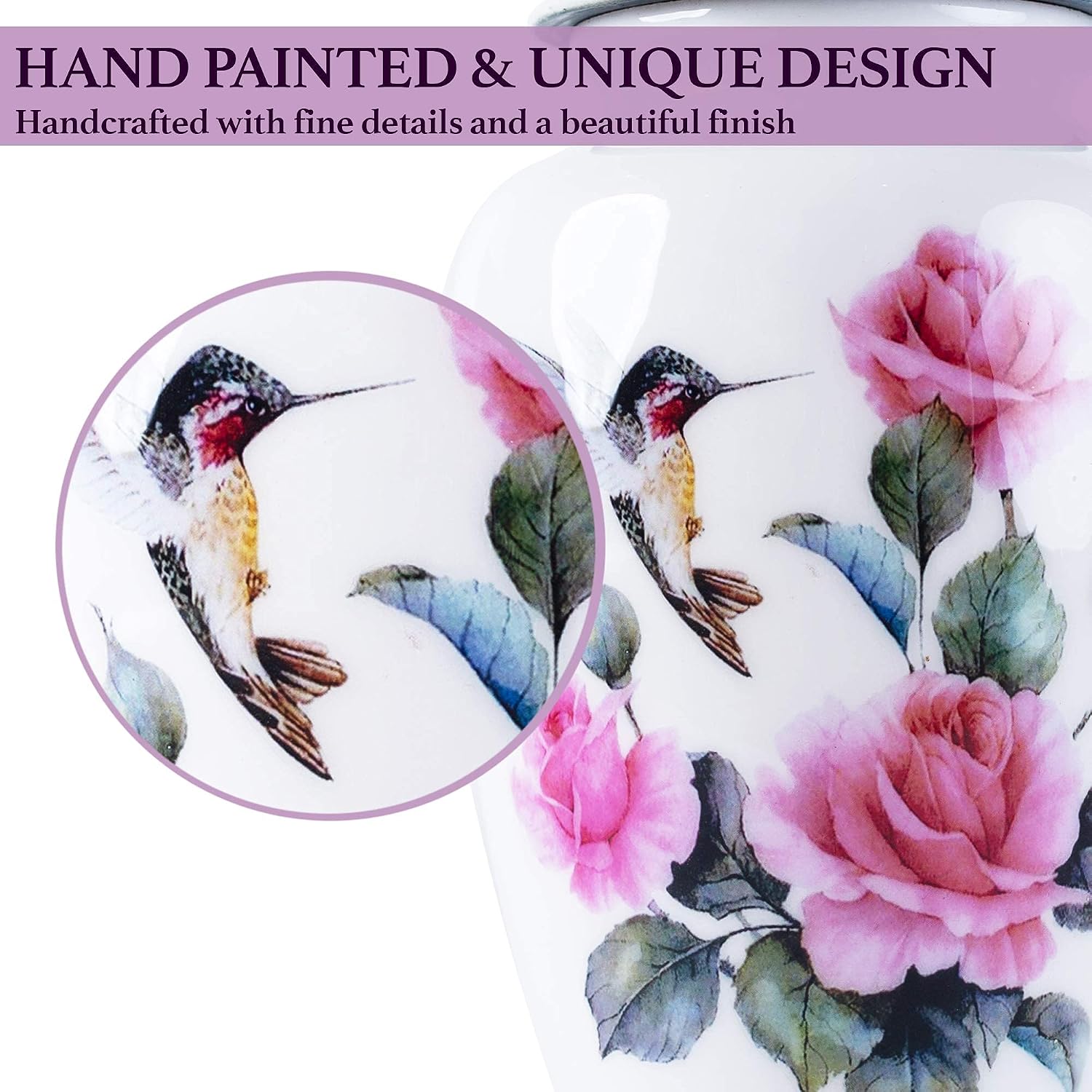 Detalle de BOLD & DIVINE Hummingbird Printed Large Adult Cremation Urn (200 cu in) with Velvet Bag