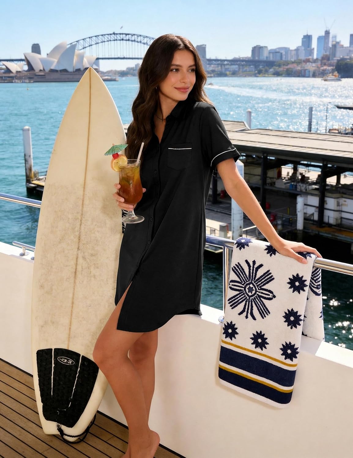 Detalle de Bresdk chemise de nuit femme manches courtes boutonnée en jersey léger à col en V