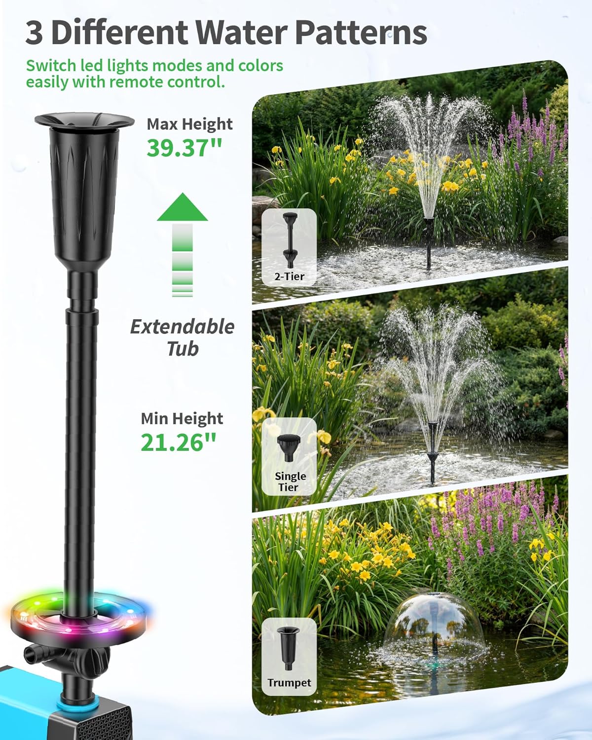 Thumbnail 1 de POPOSOAP Pond Fountain with RGB Lights (40W Submersible Pump, 2100 L/h) for Day & Night Pond Decoration