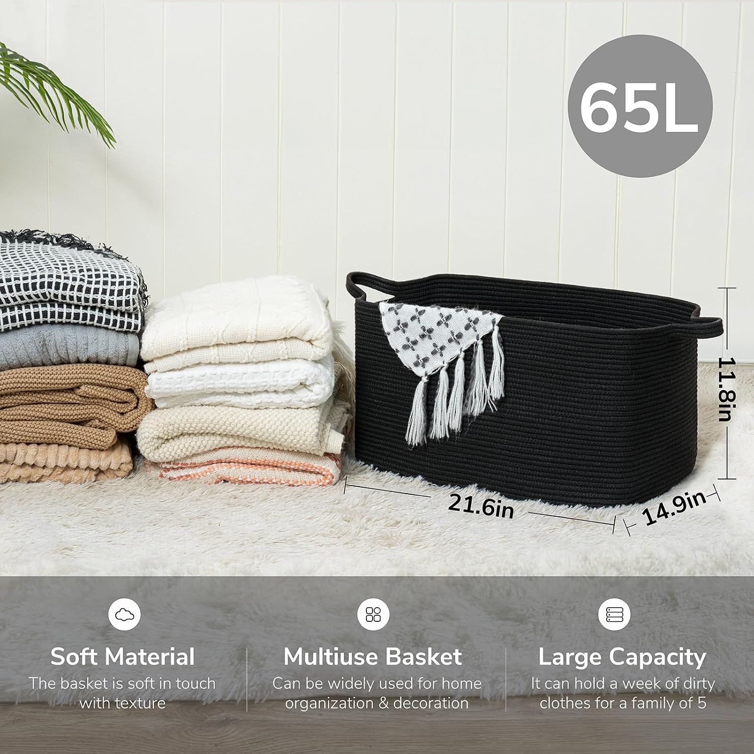 Detalle de Goodpick woven-Lsquare blackGoodpick Cotton Rope Laundry Basket, Black, 65 L