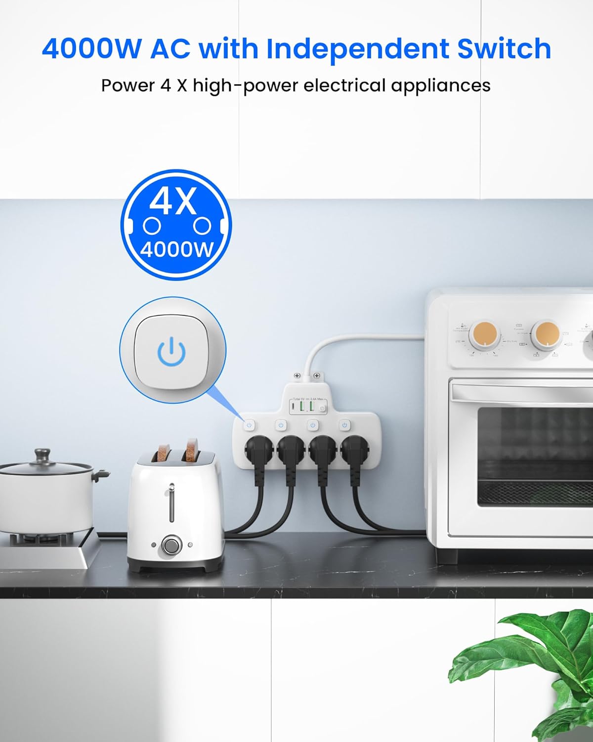 Detalle de Ciabatta Multipresa con Interruttori Indipendenti, 4 prese Schuko + USB (USB-C) – 2 m, design sottile, Bianca