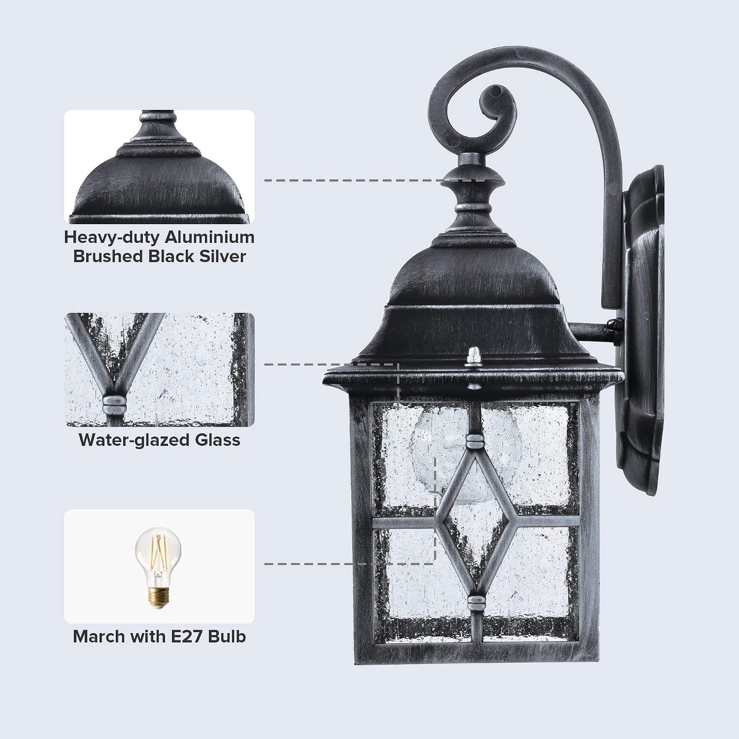 Detalle 2 de LUTEC Vintage Wall Light IP23: Classic Aluminium Lantern for Indoor and Outdoor Use