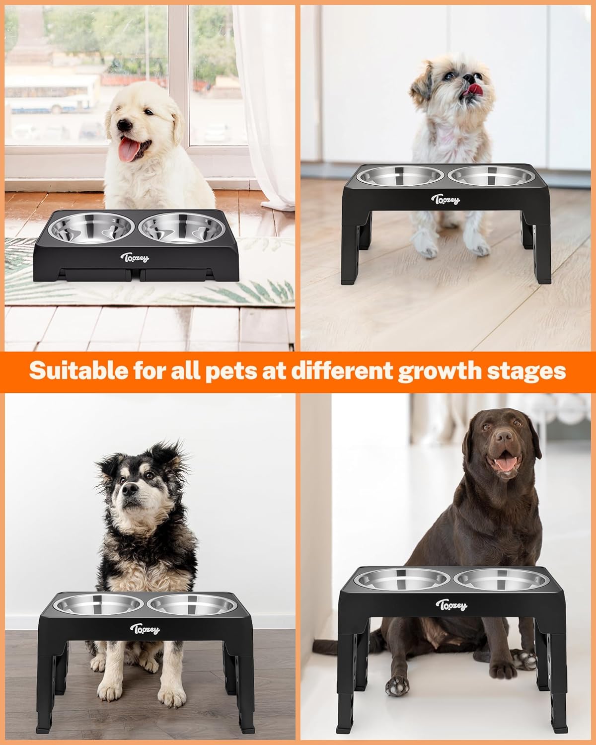 Thumbnail 5 de Toozey Height-Adjustable Raised Dog Bowls with 2x 1200ml Stainless Steel Bowls (Black)