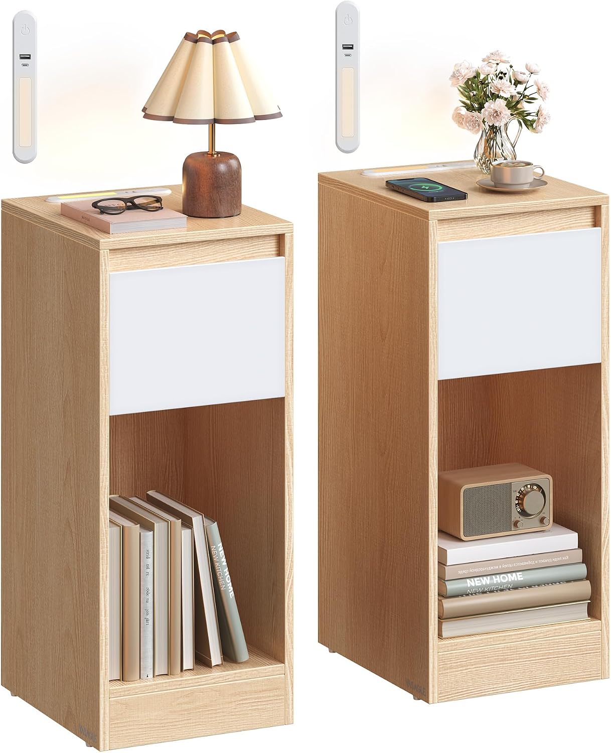 Detalle de VASAGLE LET710Y01 Set di 2 Comodini Stretti con Illuminazione LED, Porta USB-A e USB-C, Cassetto e Scomparto Aperto – Giallo Mandorla e Bianco Nuvola