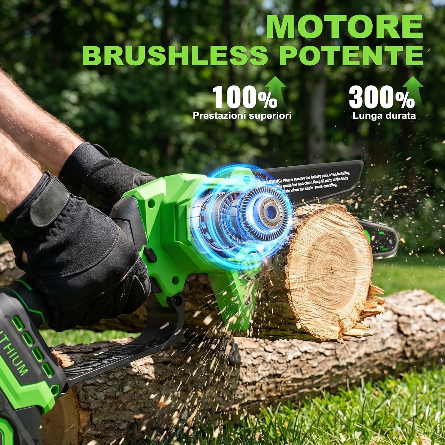 Detalle de WORFCI 8 Pollici Mini Motosega con 2 Batterie e Caricatore – Motosega a Percussione Senza Fili, Brushless, Lubrificazione Automatica
