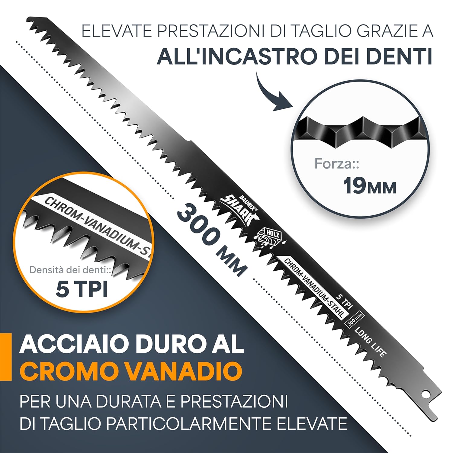 Thumbnail 2 de BAURIX Lame per Seghetto SHARK 300 mm – 5 pezzi, 5 TPI: taglio rapido e pulito del legno