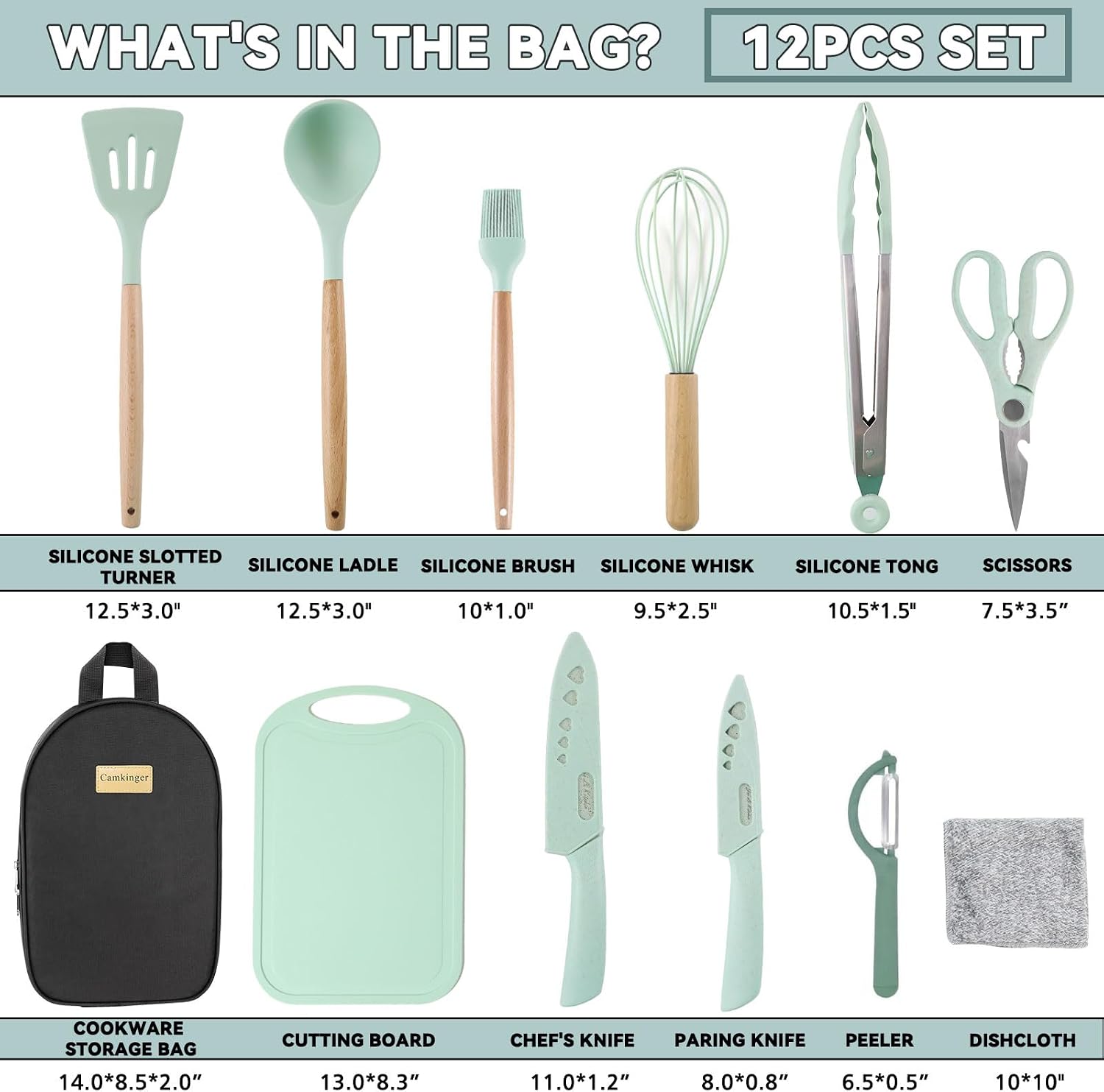Detalle de Camkinger 12-Piece Camping Cooking Utensil Set, Green Silicone Tools