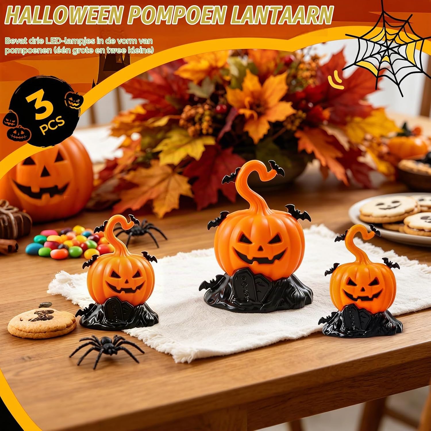 Detalle 2 de Bopertrove Kürbis-01 Halloween-pompoenlampjes, 3-delige LED-set op batterijen