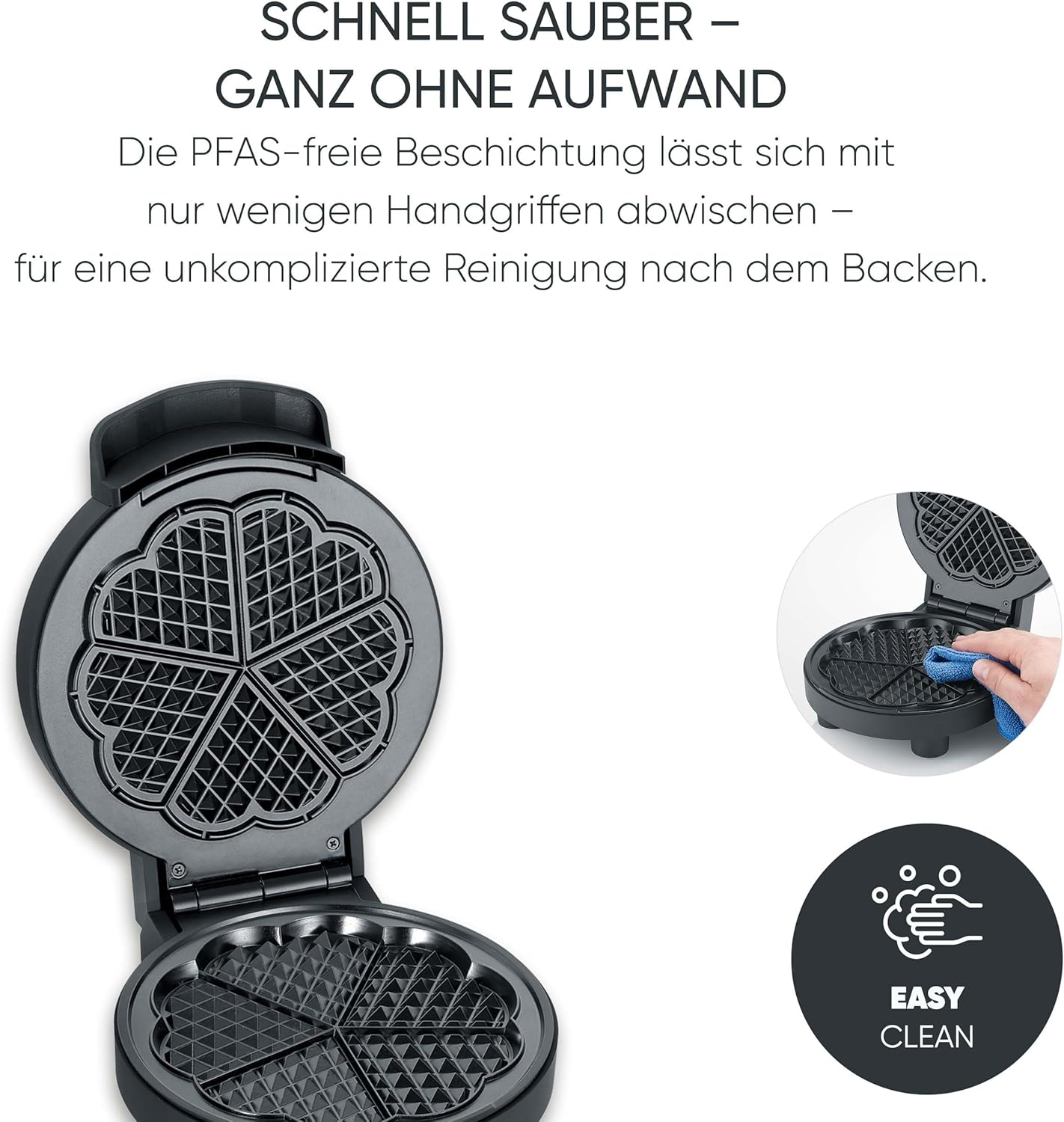 Detalle de SEVERIN Waffeleisen Black Line WA 2117 – Herzwaffeln, PFAS-frei, 1000 W