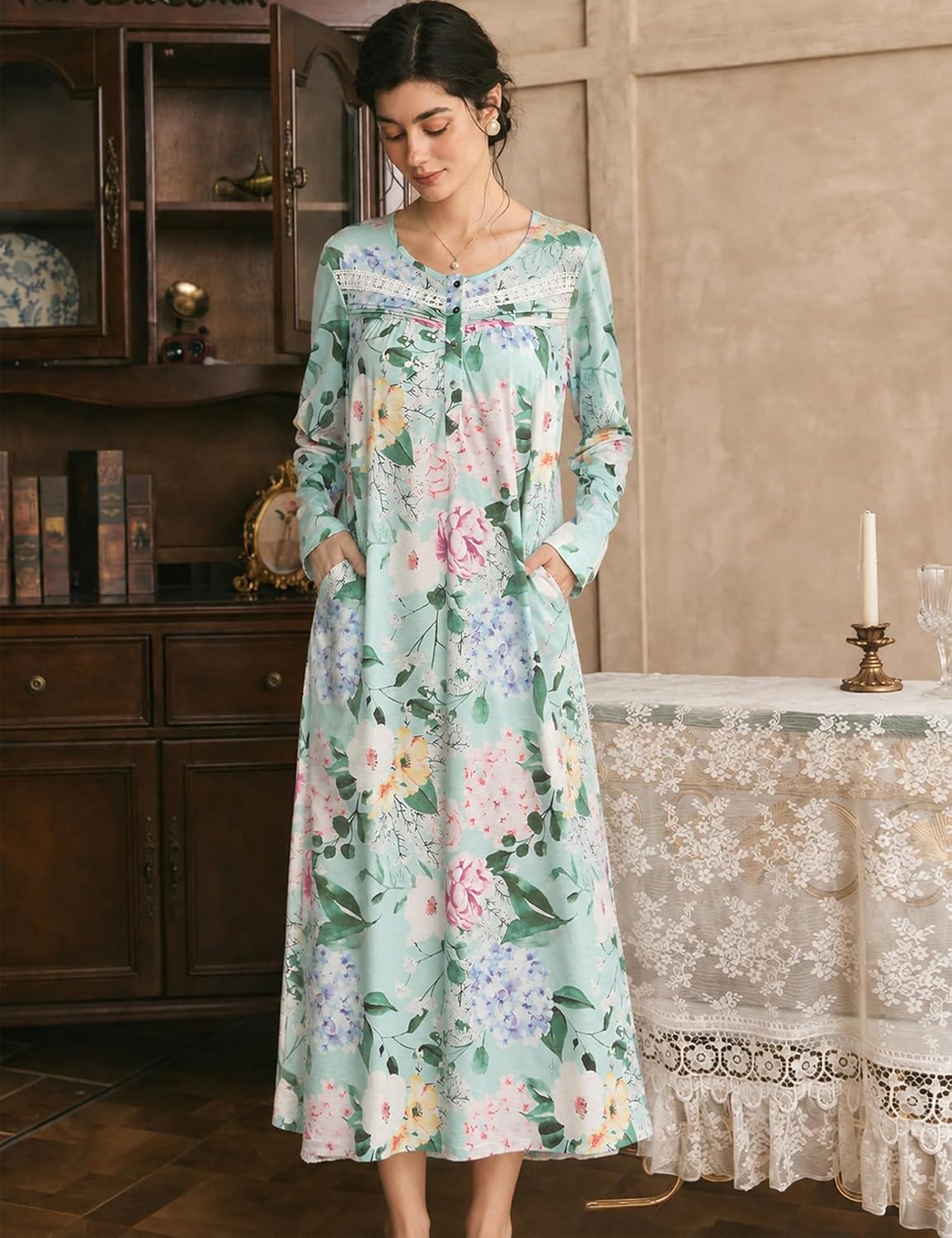 Detalle 2 de YOZLY Long-Sleeve Nightgown for Women with Pockets, Cotton-Blend Fabric
