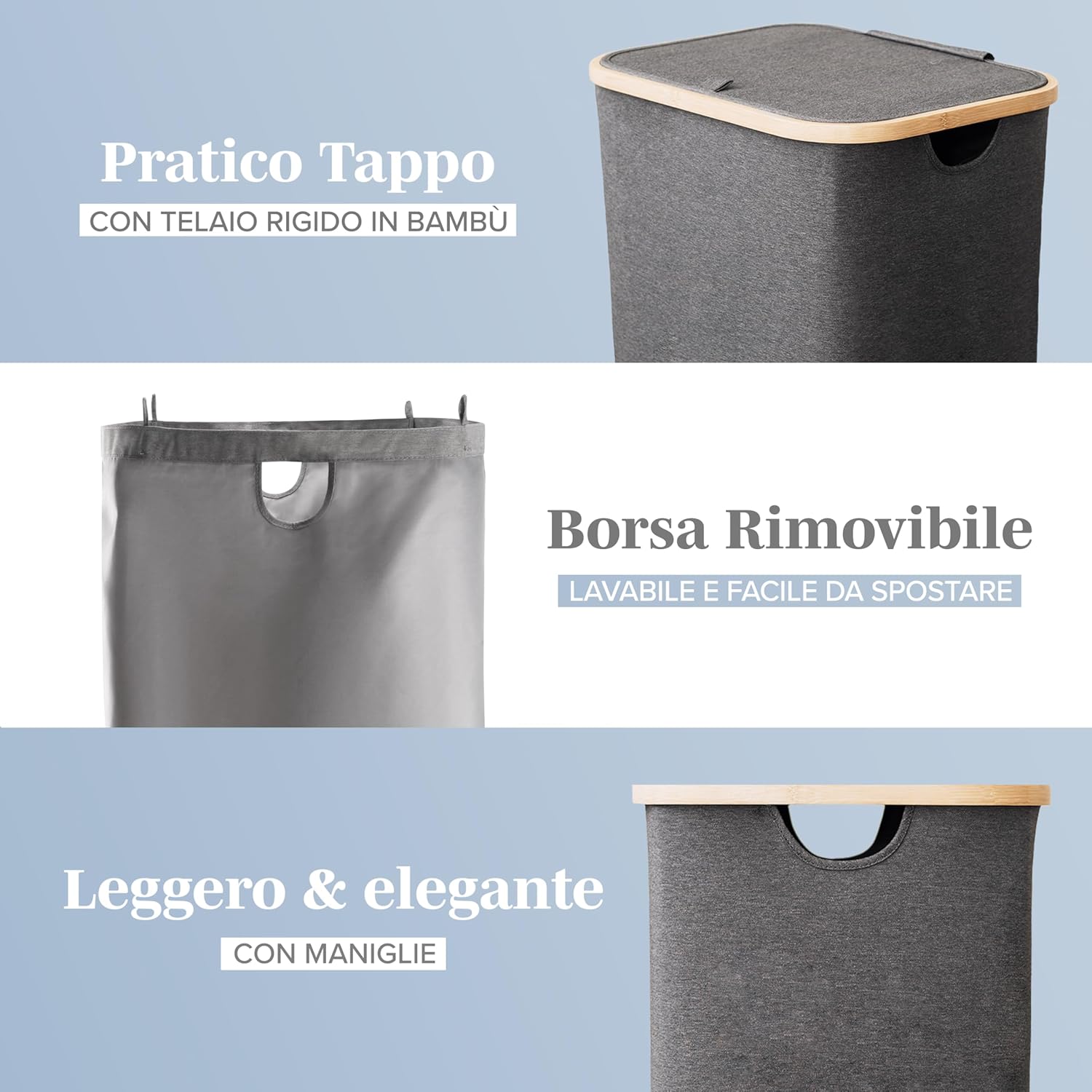 Thumbnail 1 de Lonbet cesto portabiancheria grigio XL da 100 litri con coperchio e manici