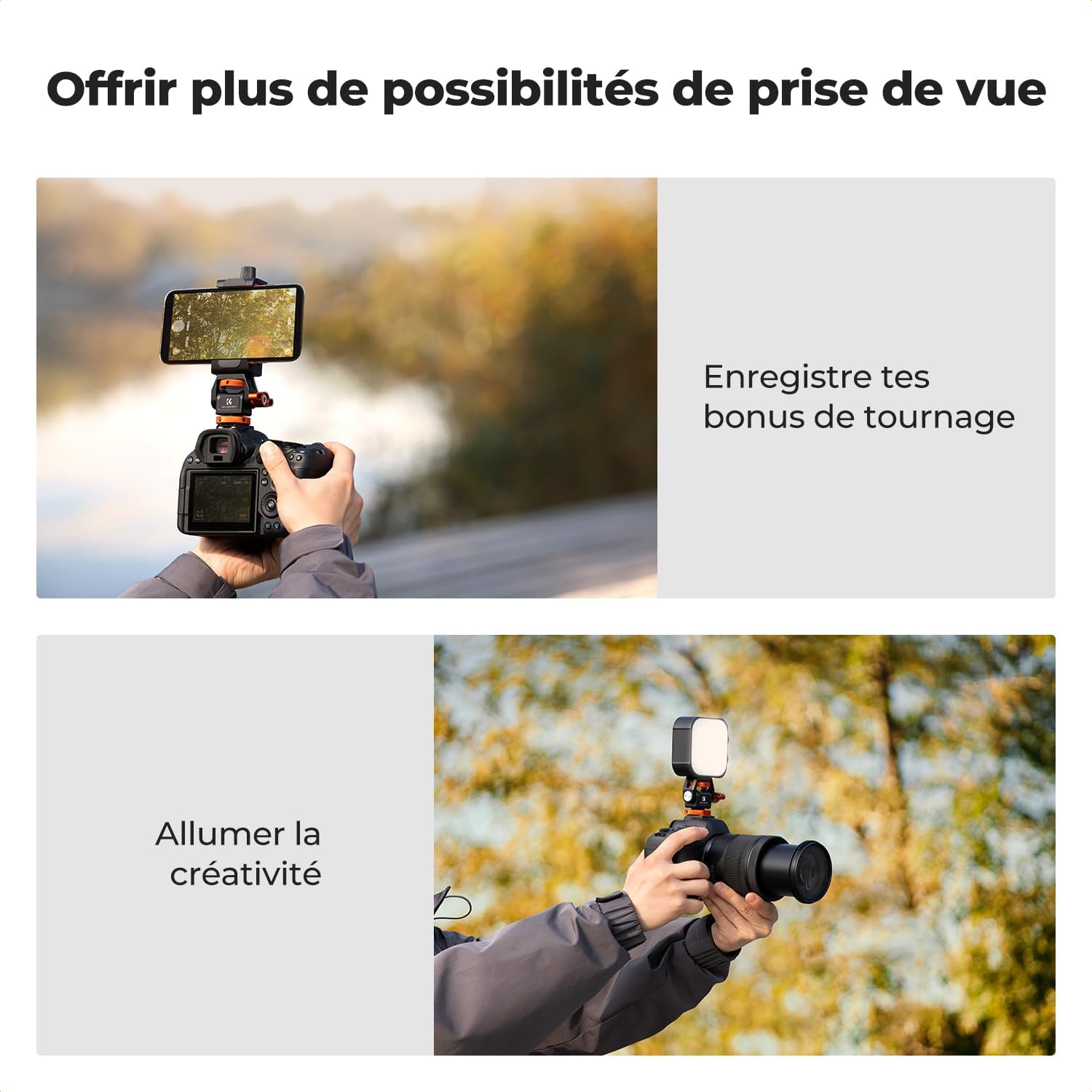 Detalle de K&F CONCEPT Support de moniteur aluminium pour cage caméra (1/4” & Cold Shoe ARRI), inclinable 180° et rotatif 360°