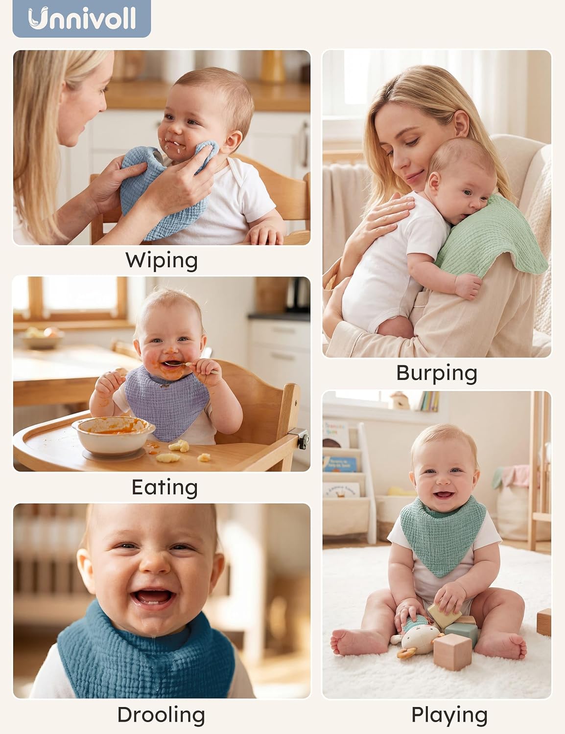 Thumbnail 4 de Unnivoll muslin baby bibs (100% cotton) bandana dribble bibs, 8-pack with adjustable snaps, 0–36 months