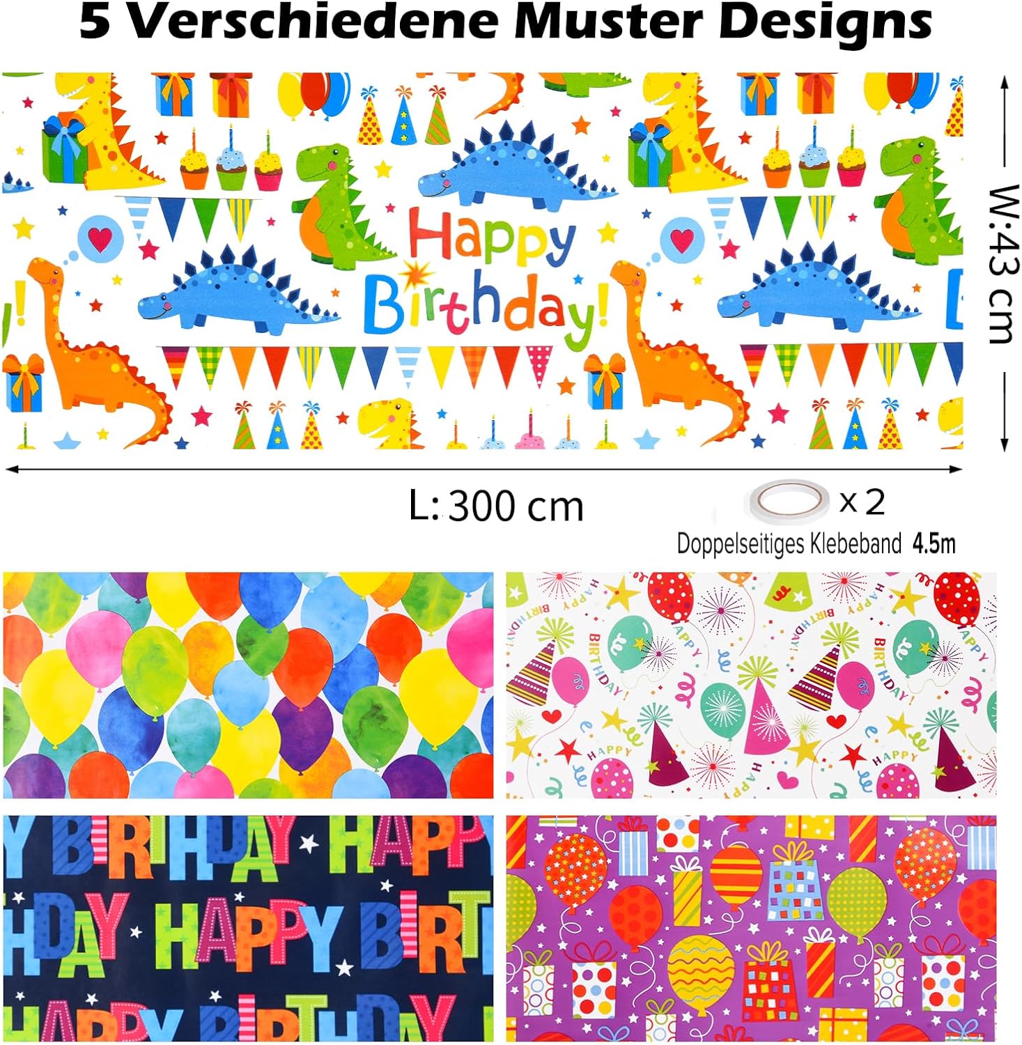 Thumbnail 1 de CHEPULA Geschenkpapier Geburtstag Kinder (5 Rollen) 43 × 300 cm – recycelbares Kinder-Geschenkpapier für Jungen