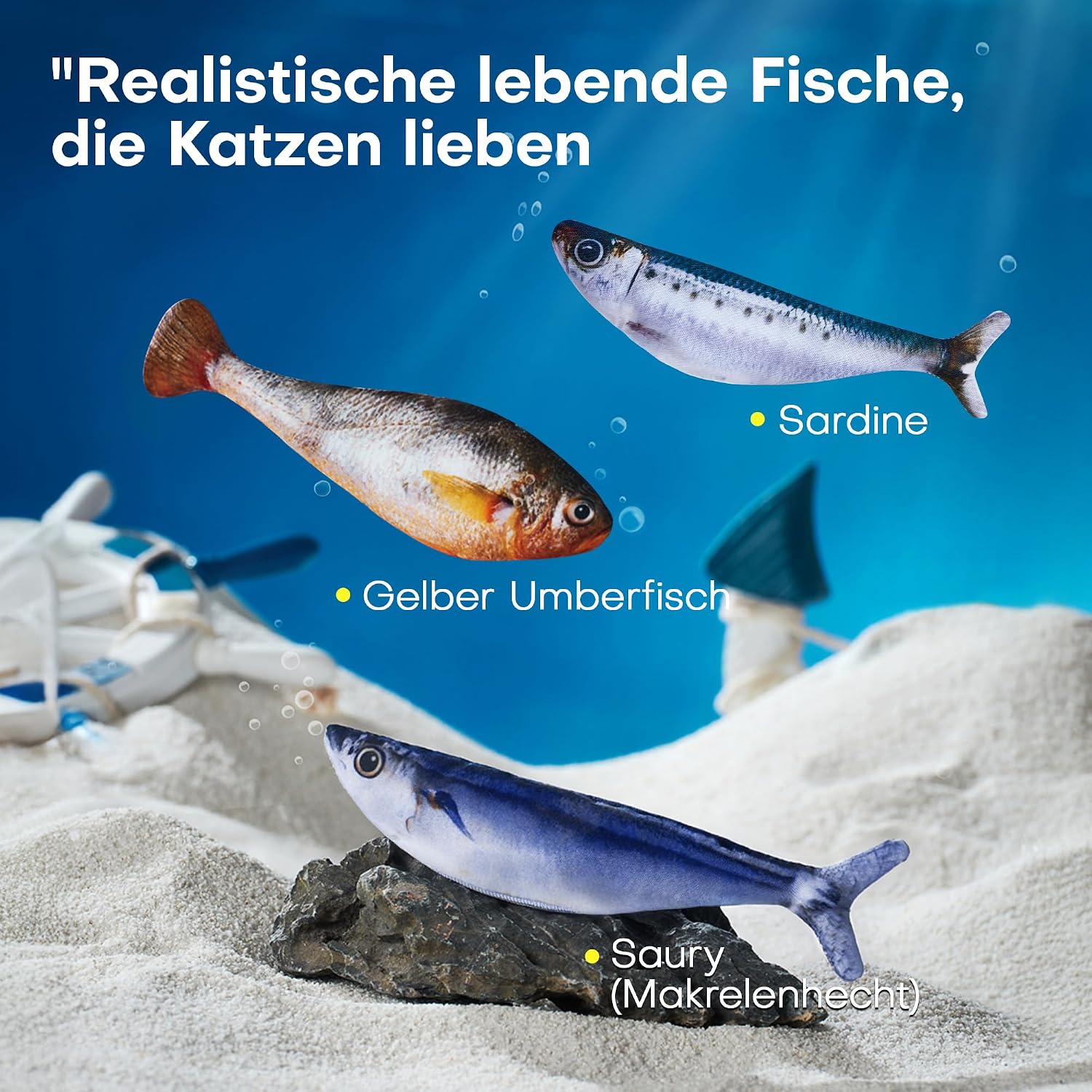 Detalle 2 de Potaroma Katzenspielzeug – Interaktives, aufladbares Fisch-Spielzeug-Set (3er) mit Katzenminze und 3 Flattermodi
