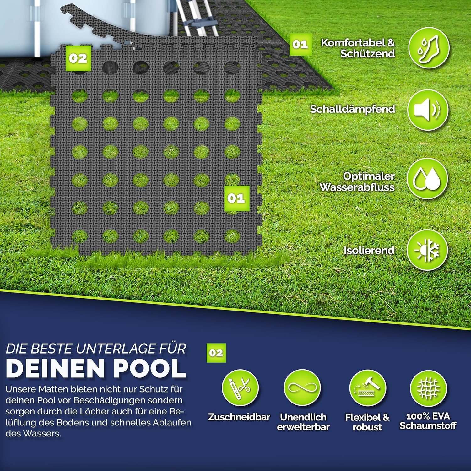 Thumbnail 5 de tillvex Protezione per pavimento piscina 4 pezzi con fori 51x51 cm – Materassino in EVA per pavimento piscina