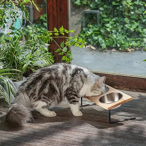 Detalle de FUKUMARU Comedero Elevado para Gatos y Cachorros – Cuenco Ajustable en Acero Inoxidable con Soporte de Madera