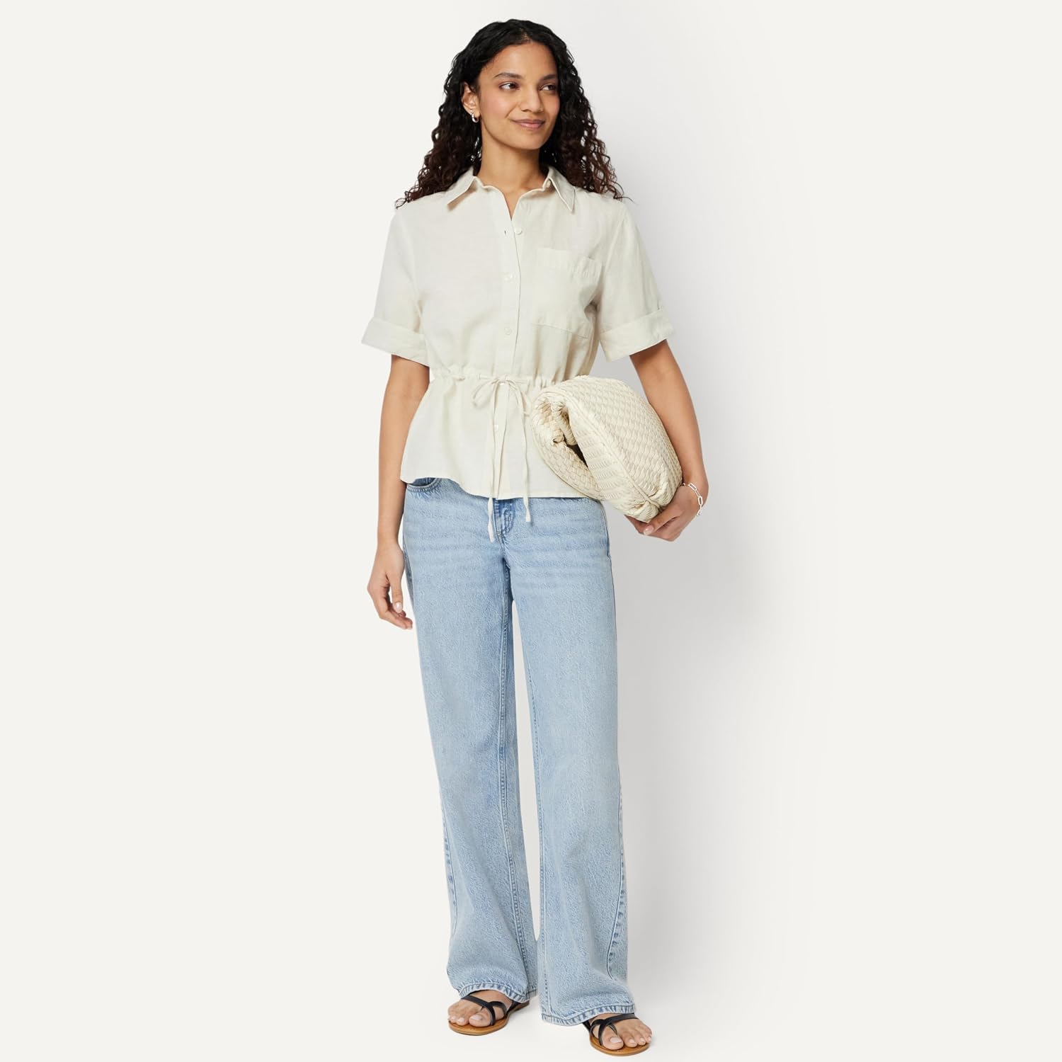Detalle de Amazon Essentials Women's Relaxed-Fit Linen Blend Wide-Sleeve Shirt with Adjustable Waist