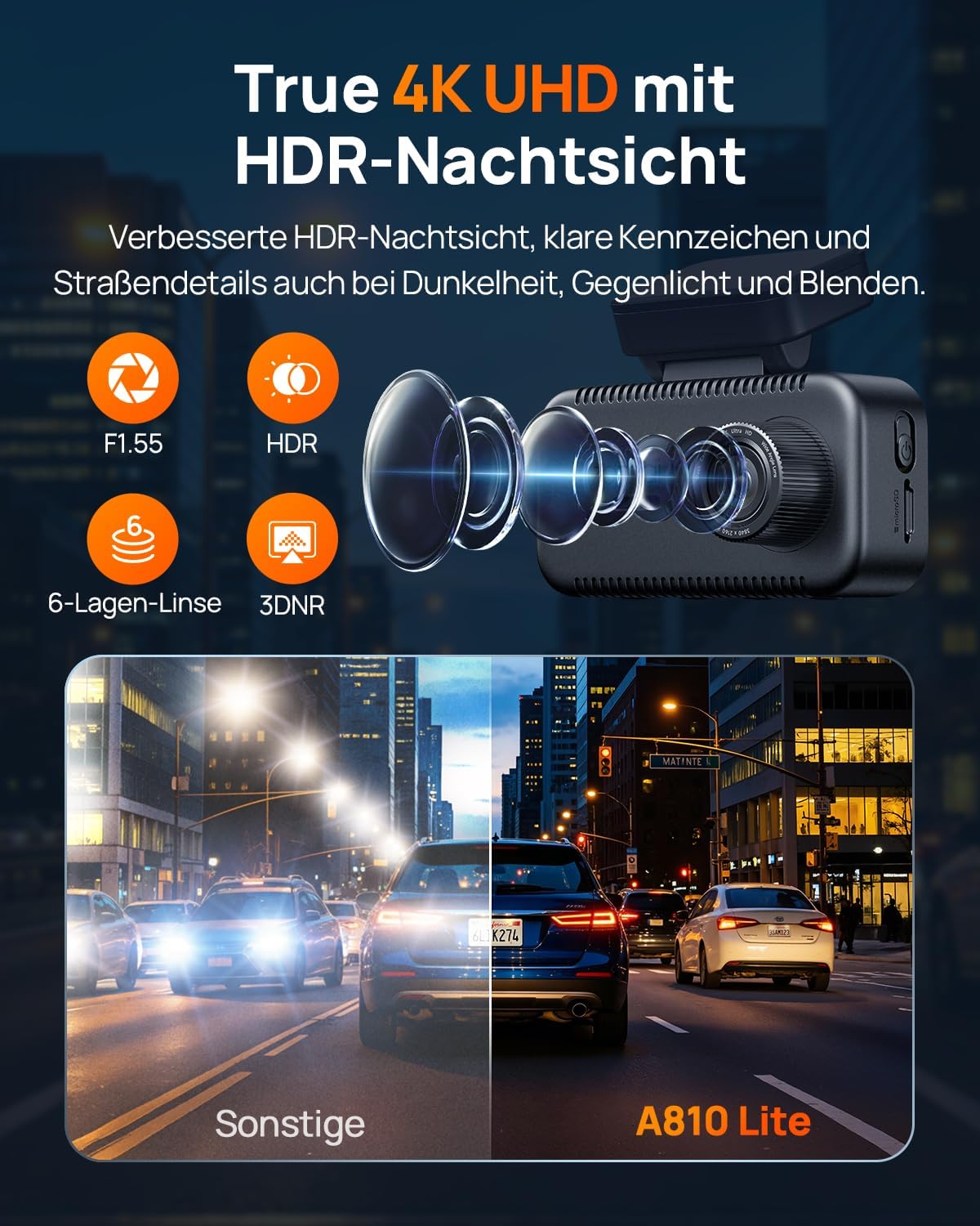 Detalle de 70mai A810 Lite Dual-Dashcam – 4K vorne / 1080P hinten mit 64GB, 4G LTE & Nachtmodus HDR
