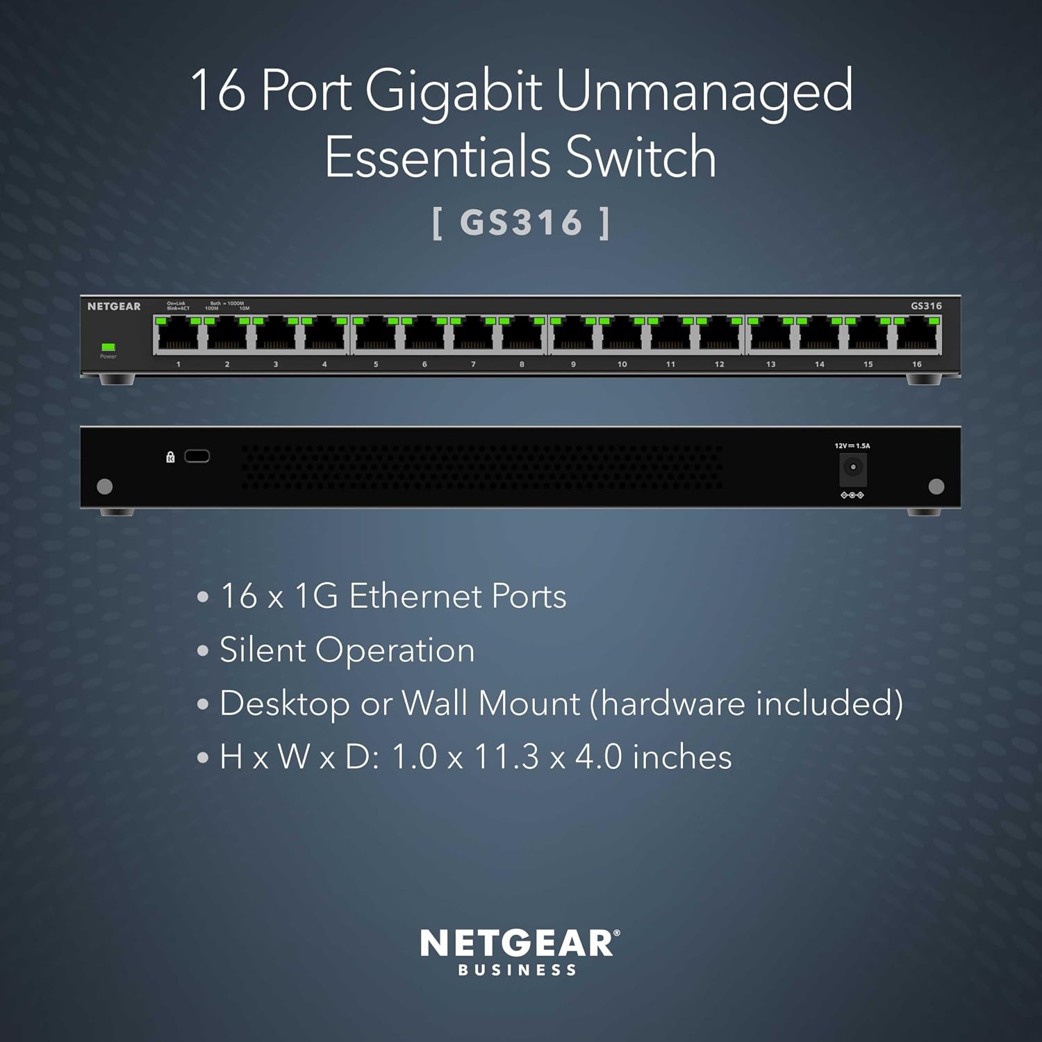 Detalle de NETGEAR GS316v3 16-Port Gigabit Ethernet Switch, Fanless, Desktop or Wall Mount