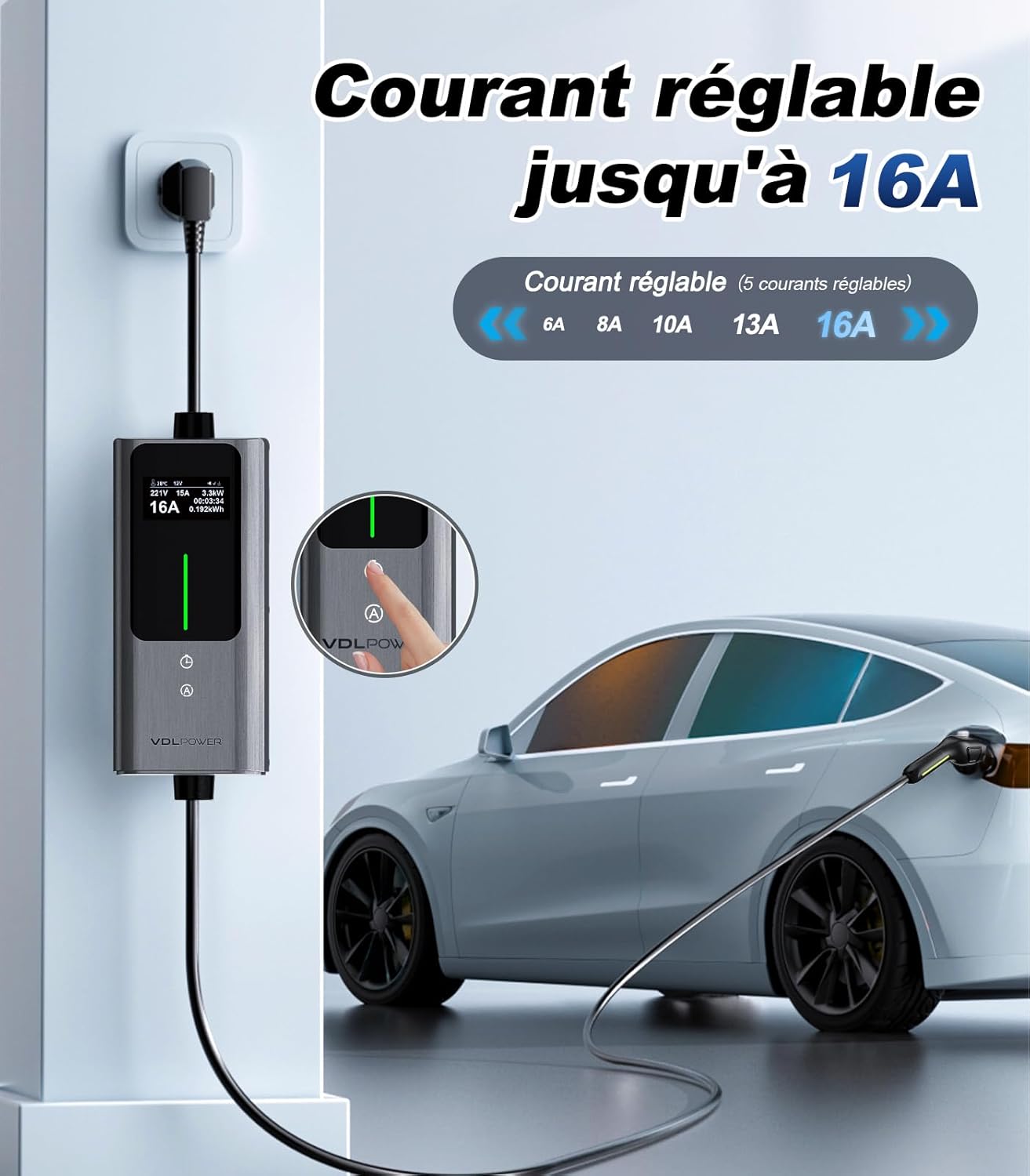 Detalle 2 de VDLPOWERVP Chargeur Voiture Électrique 3,6 kW – Type 2, câble 15 m, IP65, courant 6–16 A