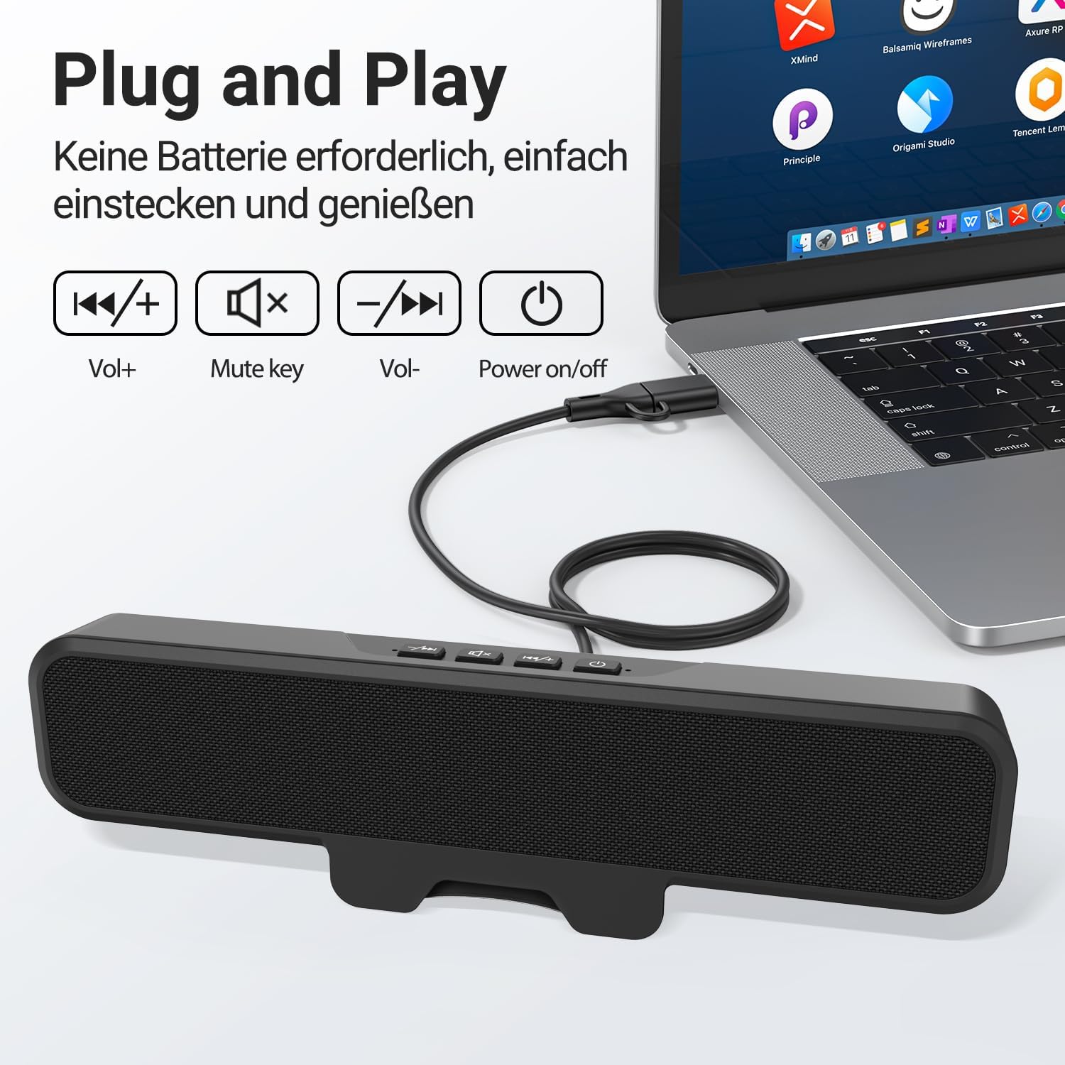 Detalle de Inwa PC-Lautsprecher USB A/C mit Monitor-Klemme (10 W) – Plug-and-Play für Schreibtisch, Lernen & Meetings