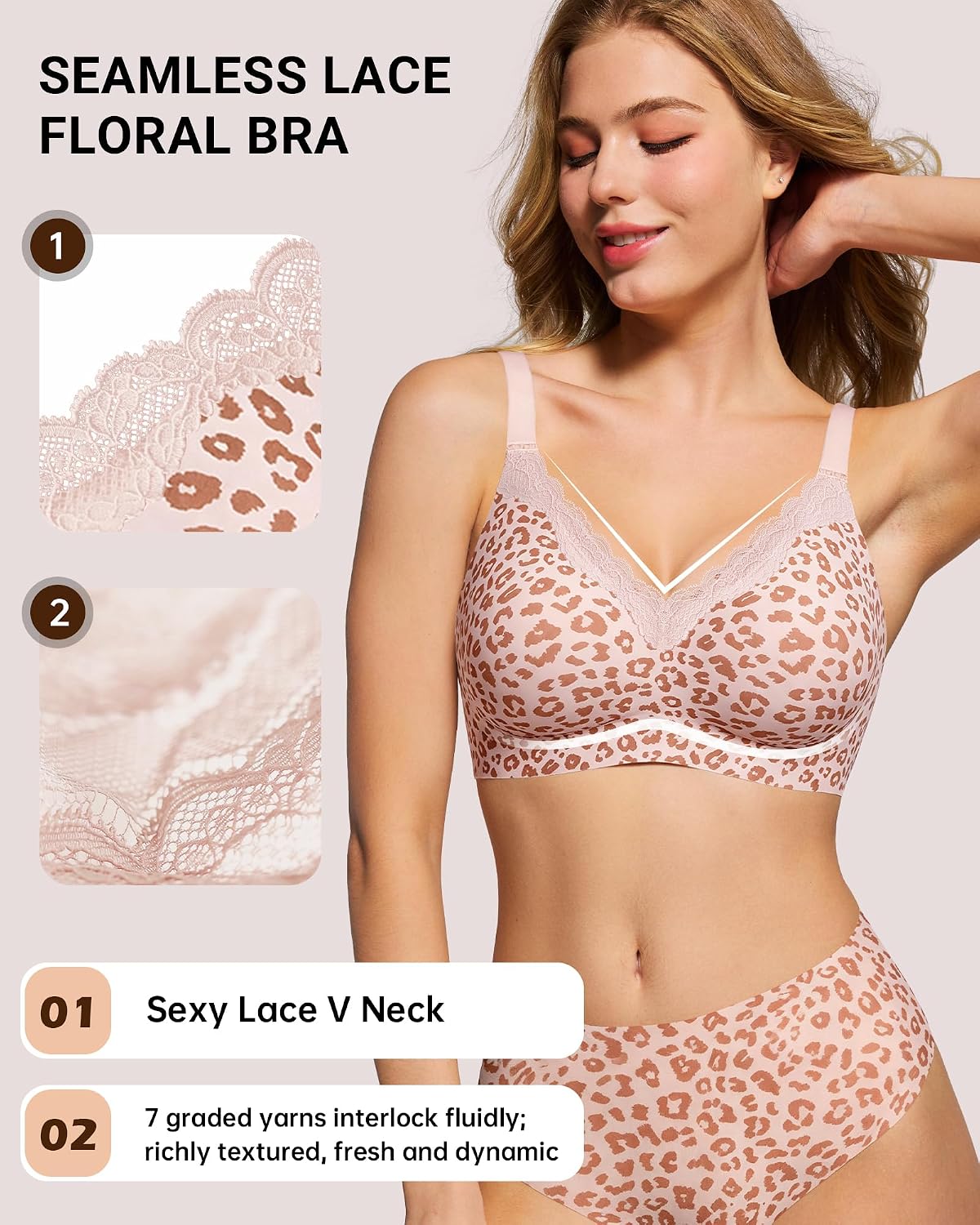 Detalle 2 de HORISUN Wireless No Underwire Bra for Women with V-Neck Lace Trim: Jelly Supportive Seamless Bralette