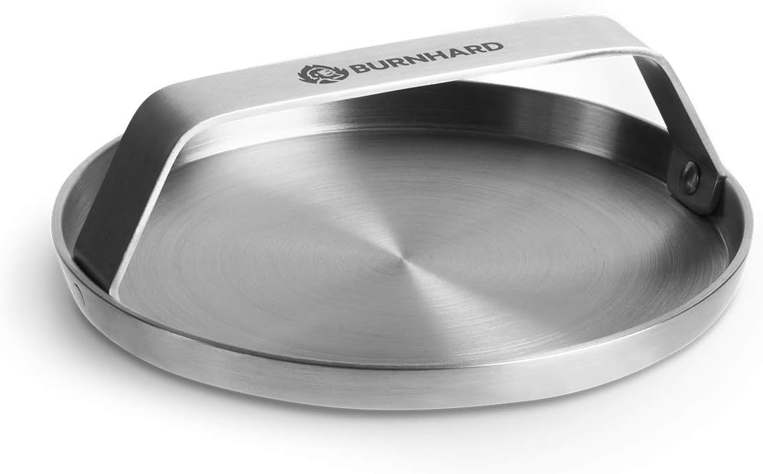 Detalle de BURNHARD Edelstahl Burger Smasher 14 cm – Grillpresse mit extra breitem Griff, spülmaschinenfest