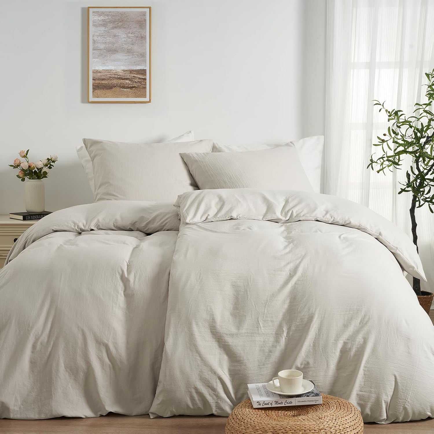 Imagen de DuvetNova Bettwäsche 135x200 – 4-teilig, Leinen-Optik, Mikrofaser, Beige en OfertitasTOP