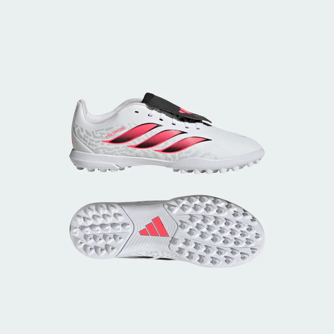 Detalle de Bota de fútbol Predator Club con lengüeta plegable de Adidas – moqueta, color blanco