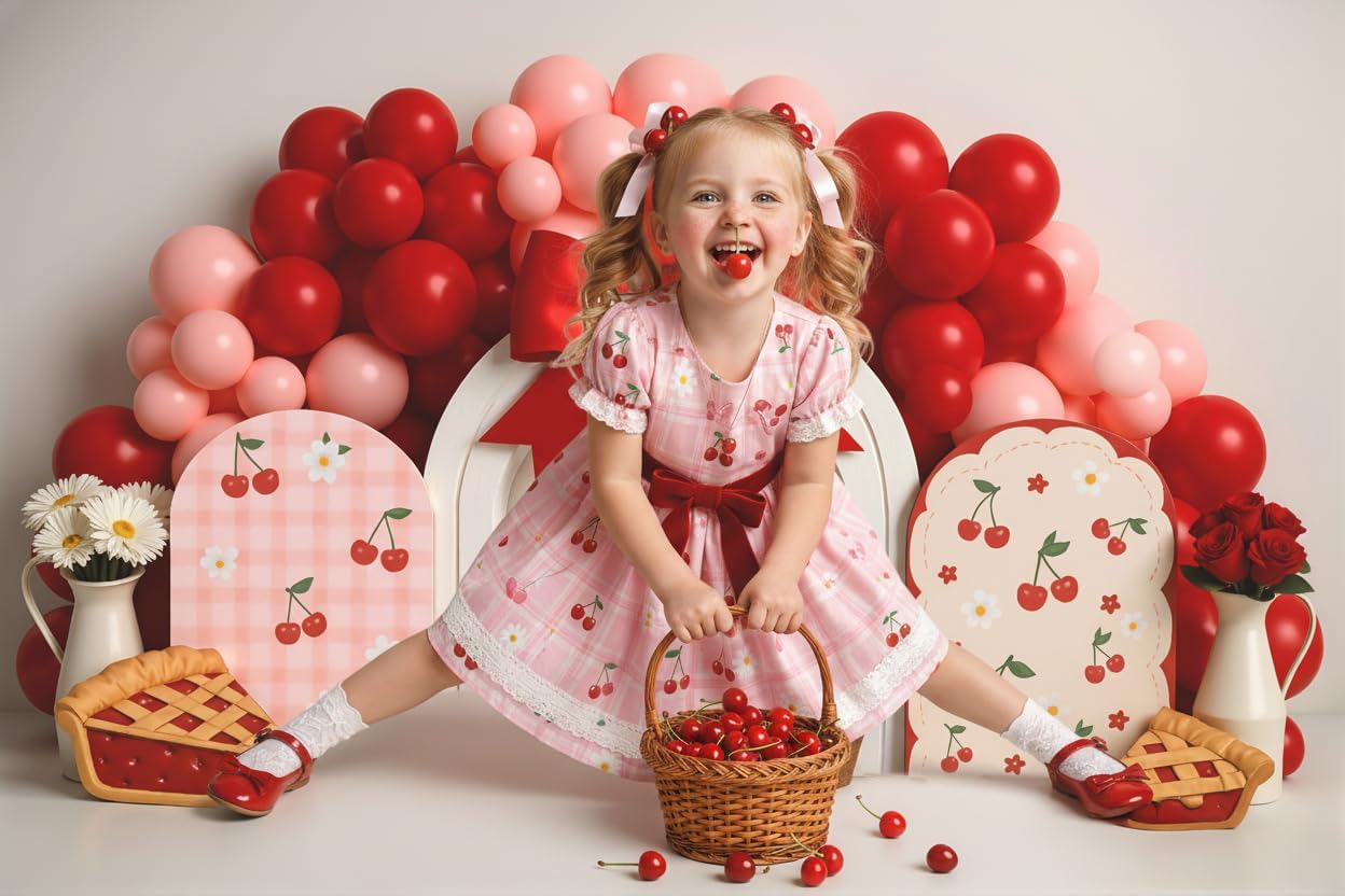 Thumbnail 2 de Kate Cake Smash Cherry Pie Photography Backdrop 7x5ft (2.2x1.5m) - Bow Tie Cherry Sandwich Balloon Arch Theme