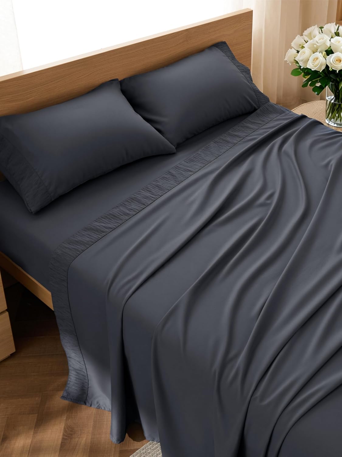 Detalle de Bedsure Full Size Sheet Set, 14-Inch Deep Pocket, Dark Gray Microfiber