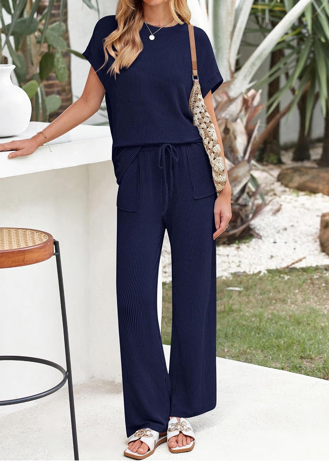 Detalle de KIRUNDO 2 Piece Sets for Women: Dressy Casual Ribbed Knit Short Sleeve Tops & Wide Leg Pants Lounge Set