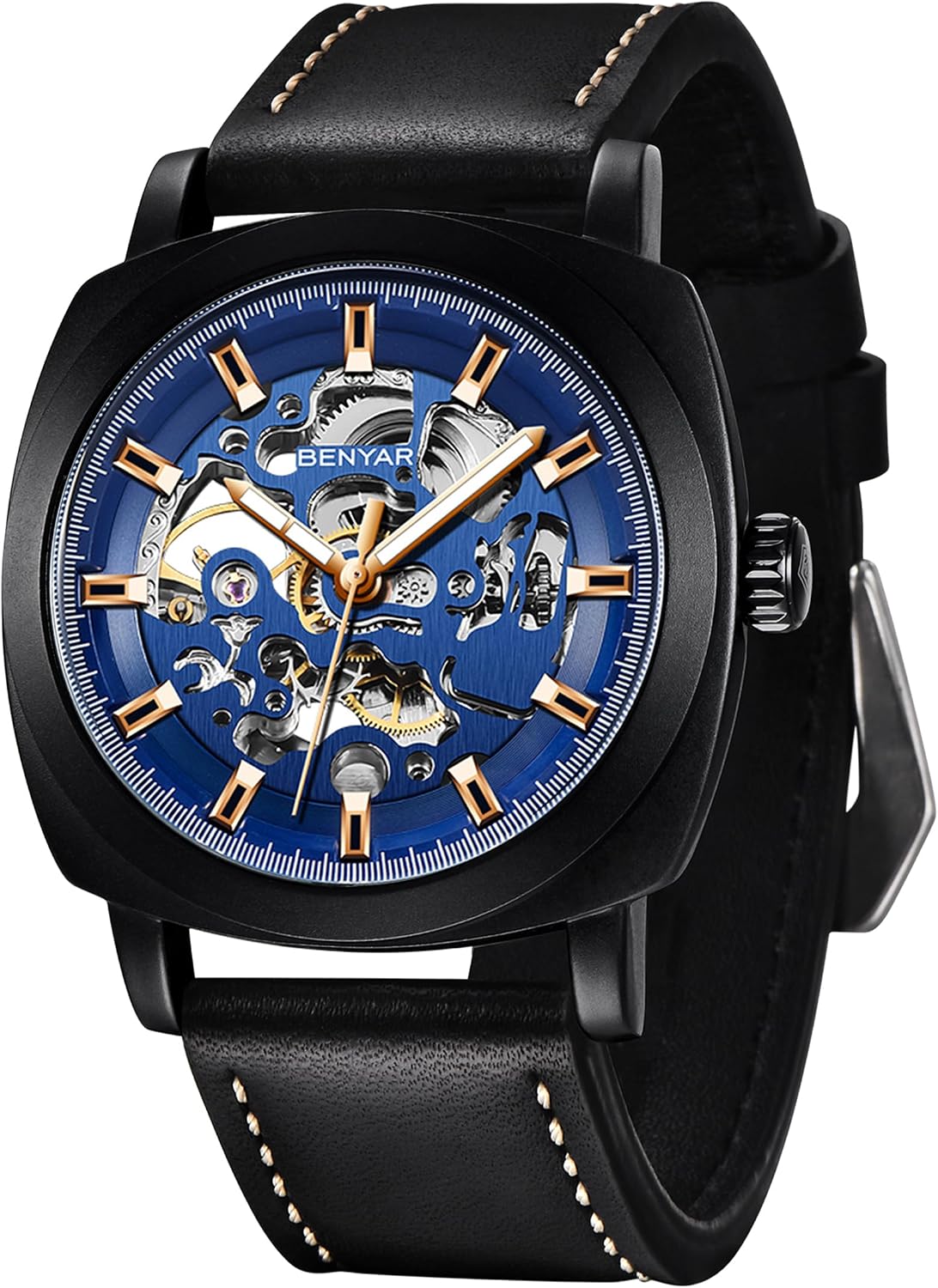Detalle de BENYAR Herren Automatik Uhr mit Skelettzifferblatt – 45 mm, Lederarmband