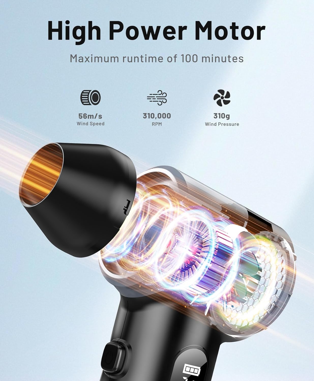 Detalle de Fitnac Compressed Air Duster (310,000RPM) Cordless Electric Air Blower with LED Light, 4 Gears & Adjustable Turbo Fan