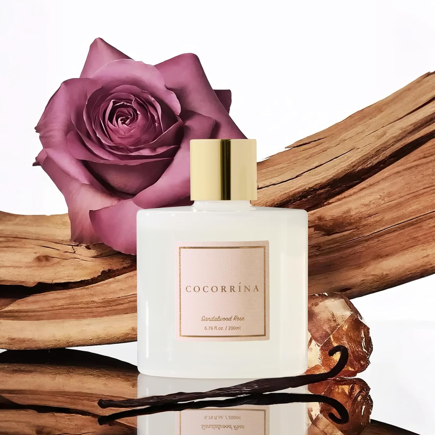 Detalle de Cocorrína Premium Reed Diffuser Set with Preserved Baby's Breath & Cotton Sticks – Sandalwood Rose, 6.7 oz