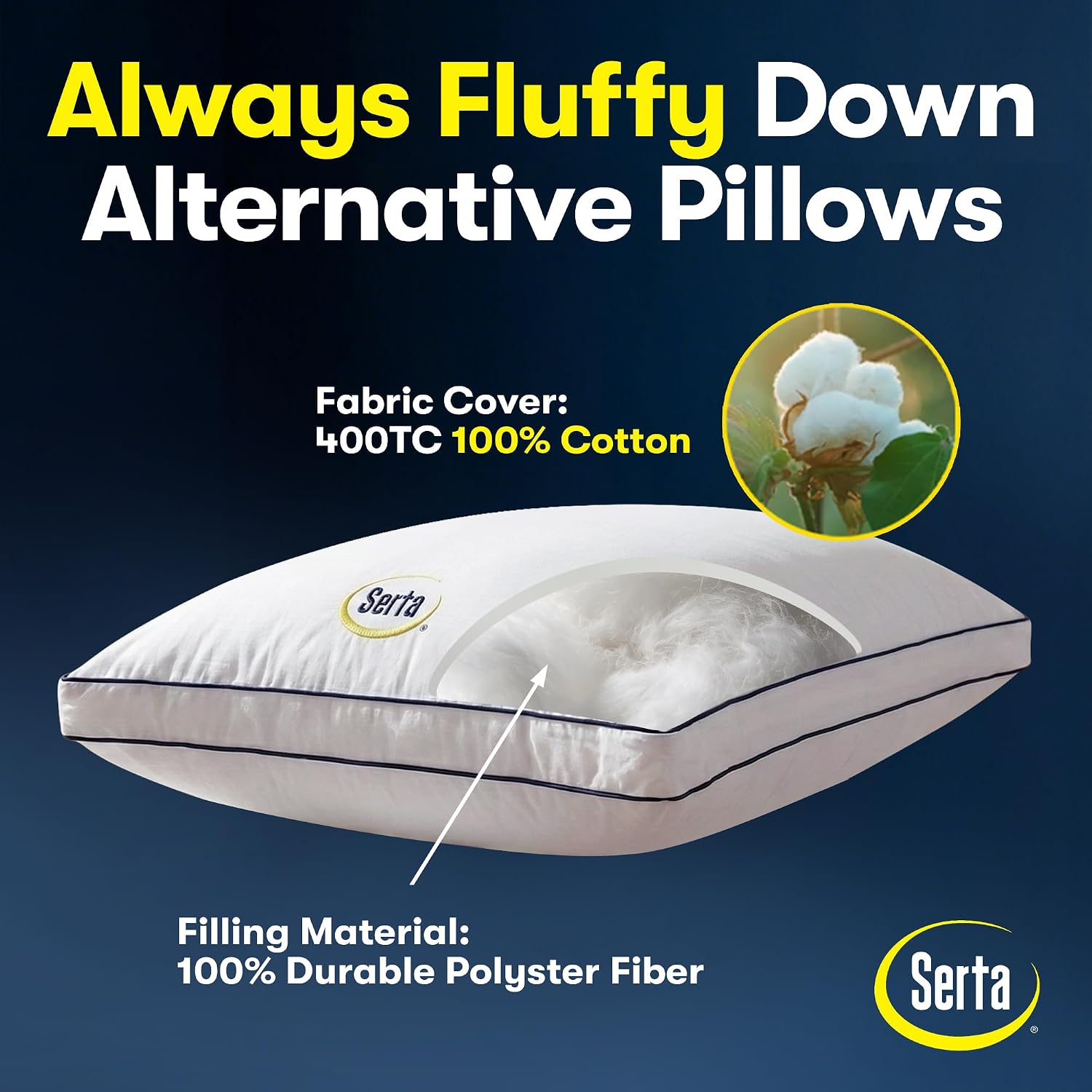 Thumbnail 6 de Serta Hotel Collection Bed Pillows (Queen/Standard) Set of 2, Medium Firm Down Alternative, 400 Thread Count Cotton Cover