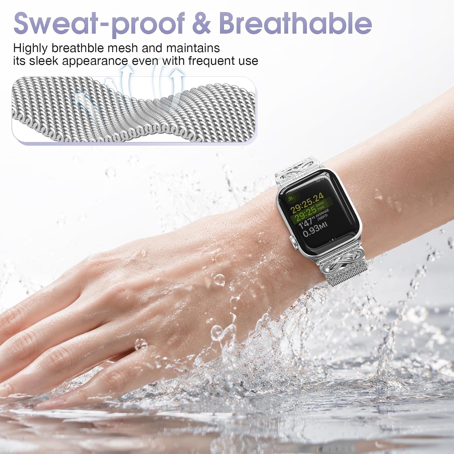 Thumbnail 4 de OULUOQI Sculpted Metal Mesh Watch Band, Silver Stainless Steel with Magnetic Clasp