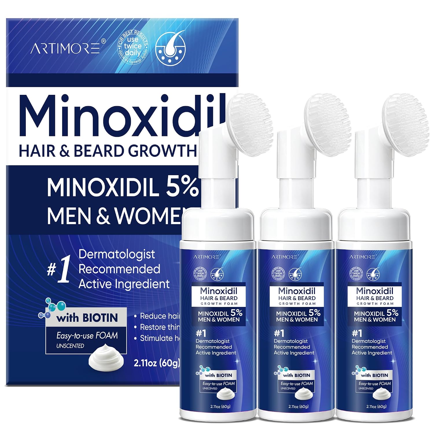 Detalle de 5% Minoxidil Foam for Men and Women with Biotin & Castor Oil – 180ml (3 Packs)