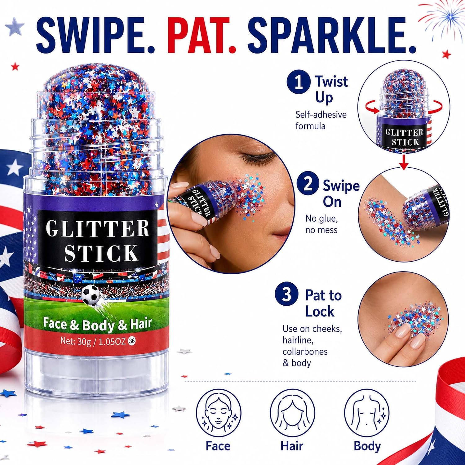 Detalle 2 de Go Ho LLG-446-60S-02-US Patriotic Star Glitter Stick, Red, White & Blue, 1.05 oz