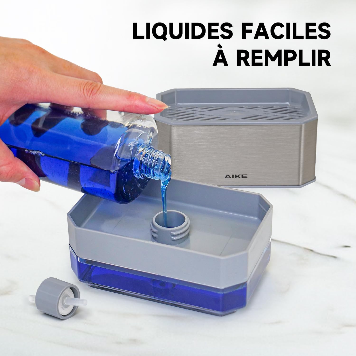 Detalle 2 de AIKE AK1061 240 ML Distributeur Savon Cuisine en Acier Inoxydable – 2 en 1, pratique et élégant