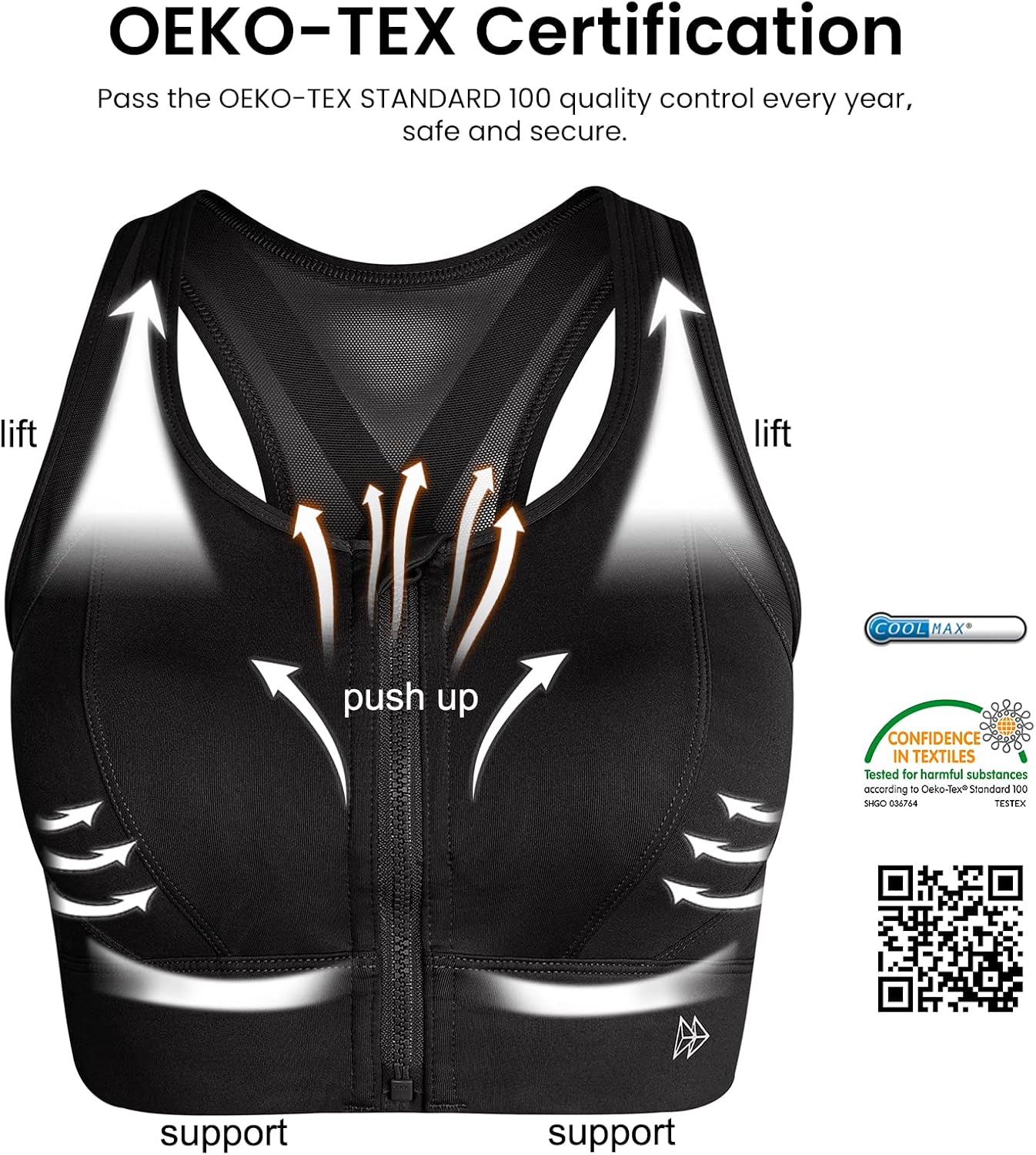 Detalle de Yvette High Impact Zip Front Sports Bra with Mesh Racerback Support for Large Breasts (Zip-Front Sports Bra)
