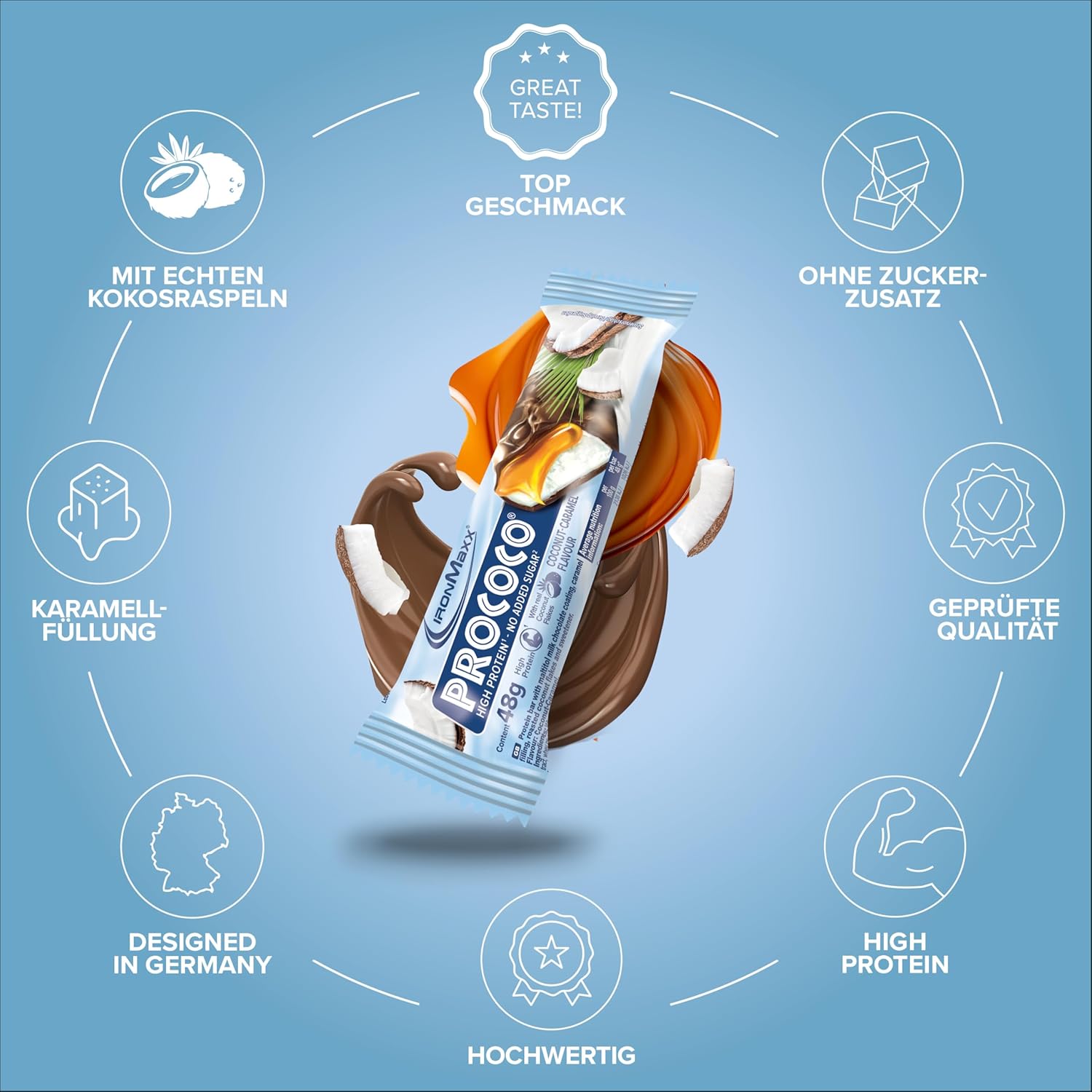 Detalle de IronMaxx Prococo Coconut Caramel – High Protein Riegel mit Kokosraspeln, 24 x 48 g