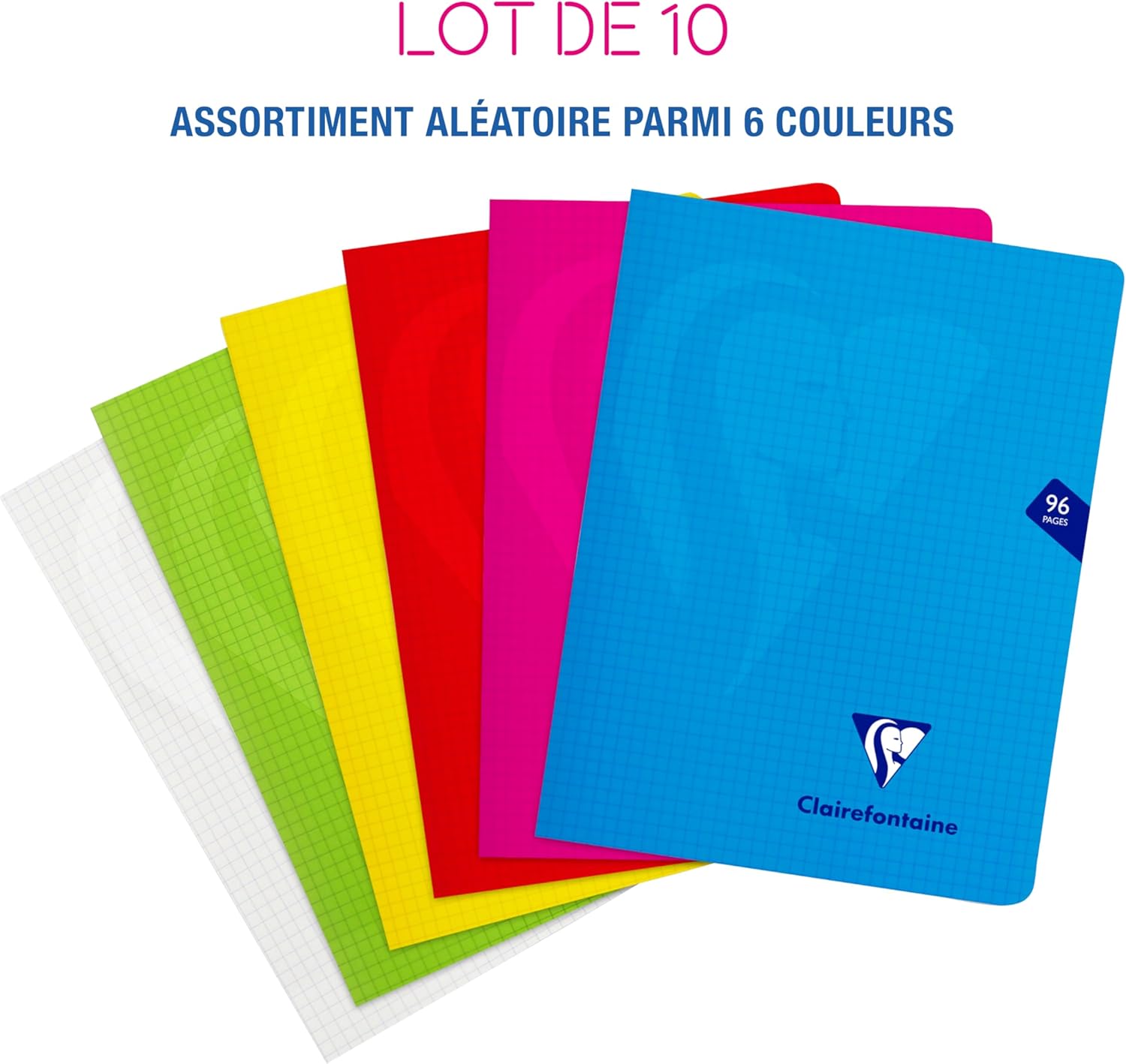 Thumbnail 1 de Clairefontaine 303742Cpack – Lot de 10 Cahiers agrafés 17 × 22 cm, 96 pages, papier Velin Velouté 90 g/m², couvertures polyprop aléatoires