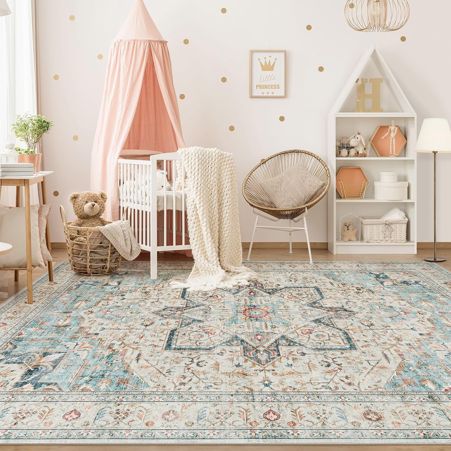 Detalle de Tortania Area Rug Living Room Rugs 10x14 Washable Boho Rug (Cream Blue)