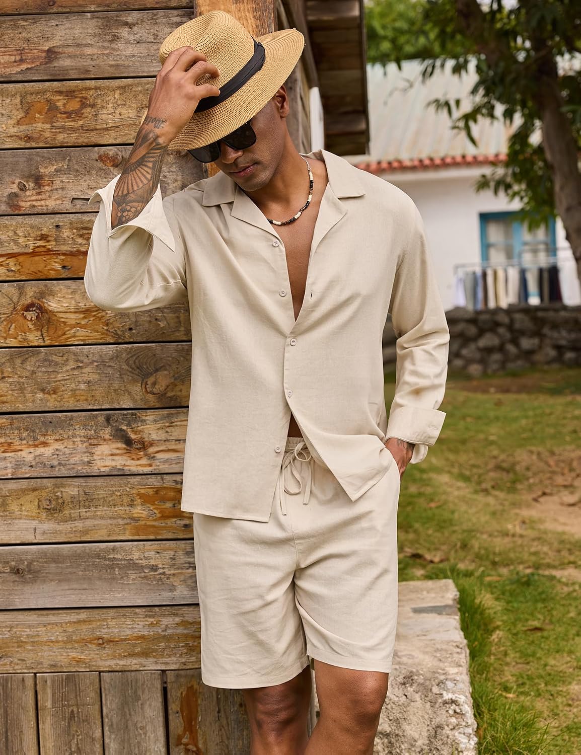 Detalle 1 de URRU Men's Linen-Blend Shirt and Shorts Set