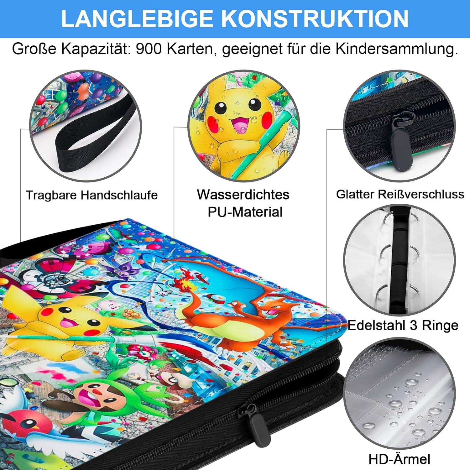 Thumbnail 1 de GCMUUP Karten-Sammelalbum für Pokémon Karten mit Reißverschluss, 900 Karten & 9 Fächer pro Seite
